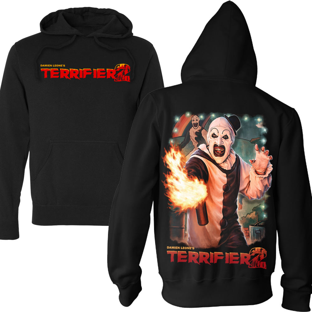 Terrifier 2 Up In Flames Art the Clown black pullover hoodie