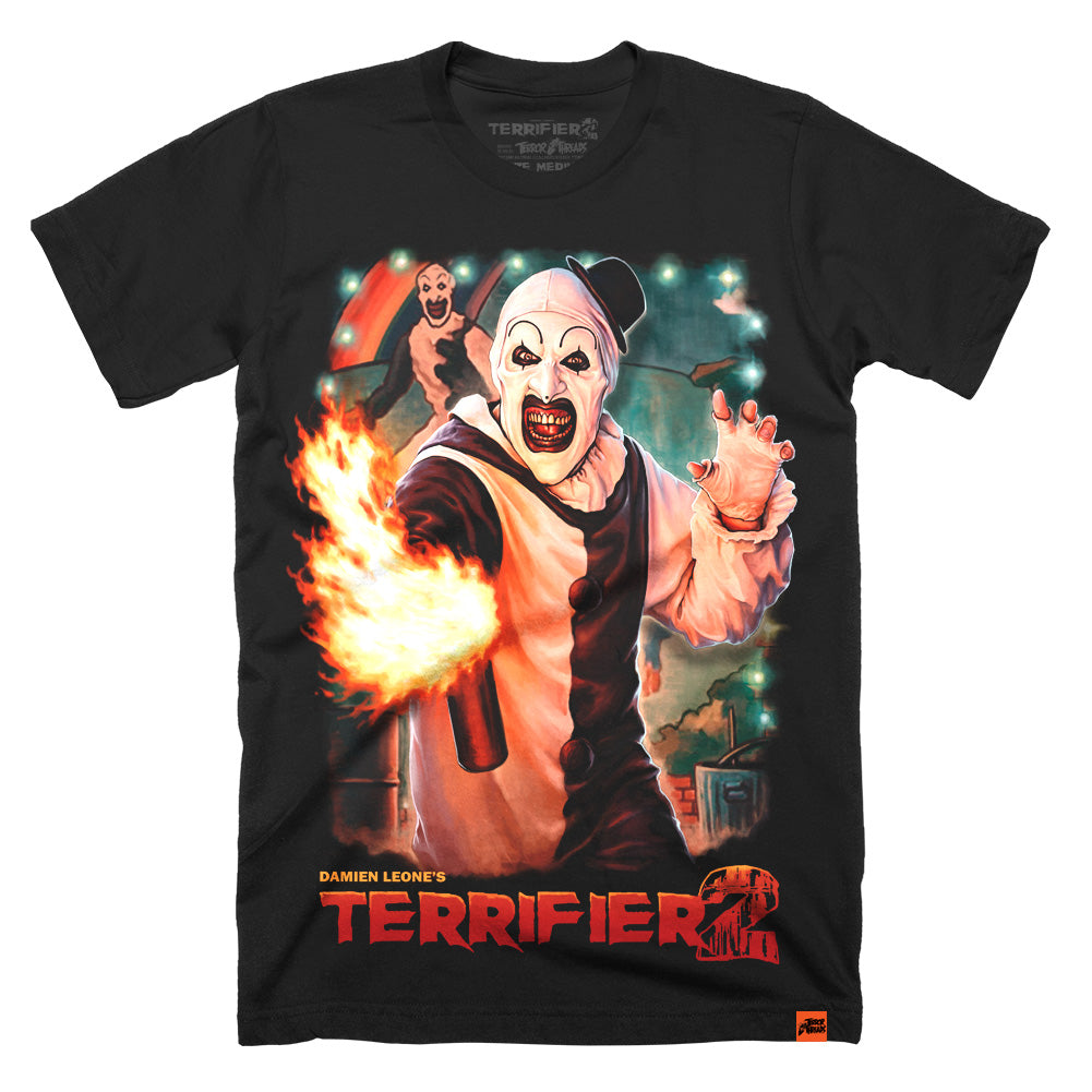 Terrifier 2 Up In Flames Art the Clown black screen printed T-shirt