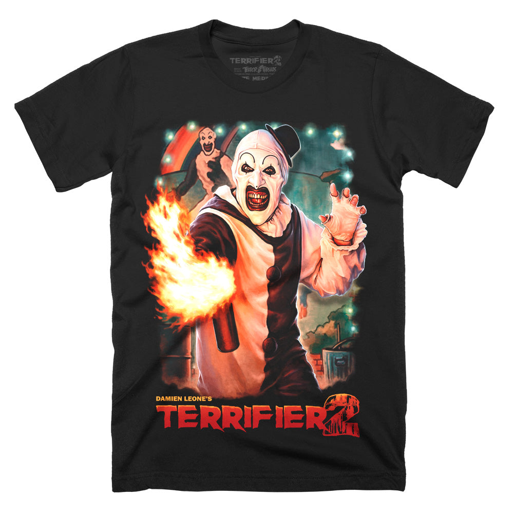 Terrifier 2 Up In Flames T-Shirt featuring Art the Clown with flamethrower on black Classic Terror Threads tee