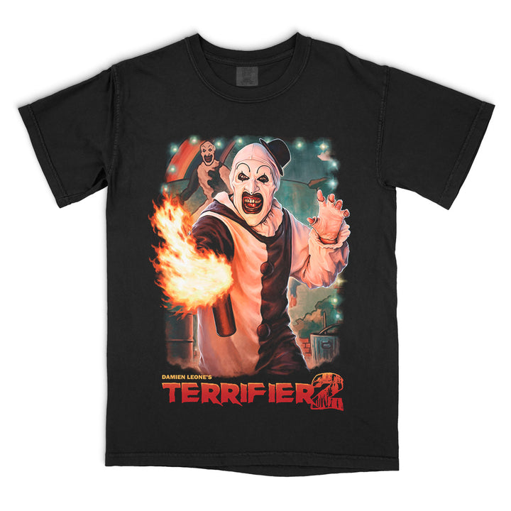 Terrifier 2 Up In Flames T-Shirt featuring Art the Clown with flamethrower on black Comfort Colors tee