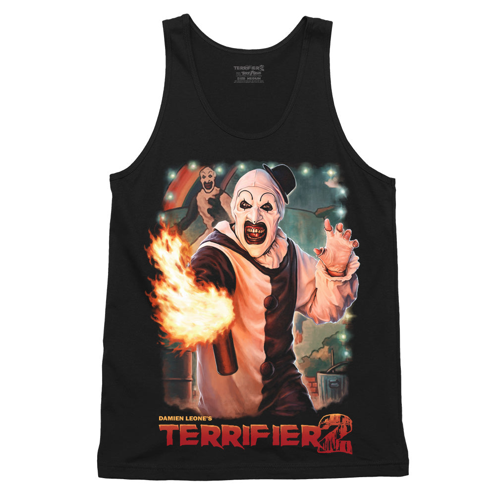 Terrifier 2 Up In Flames Tank Top featuring Art the Clown with flamethrower on black tank top