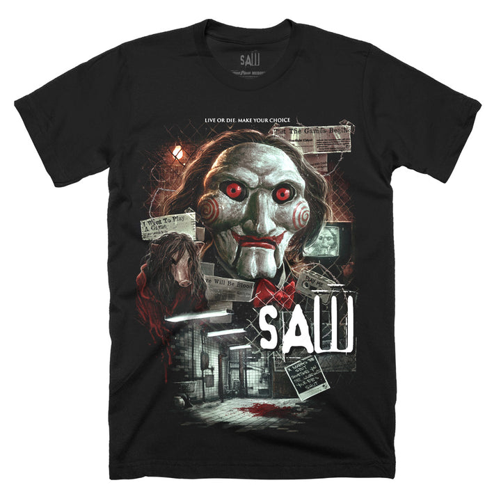 Black Classic Terror Threads SAW Want To Play A Game T-Shirt featuring Billy the Puppet, Amanda Young, the bathroom trap and distressed film imagery.