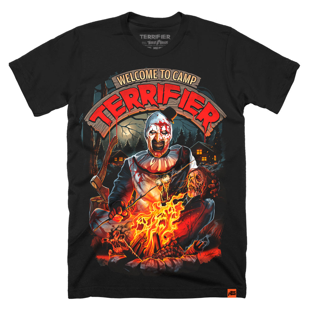 Art the Clown Camp Terrifier horror t-shirt design featuring a campfire scene with cabins in the background