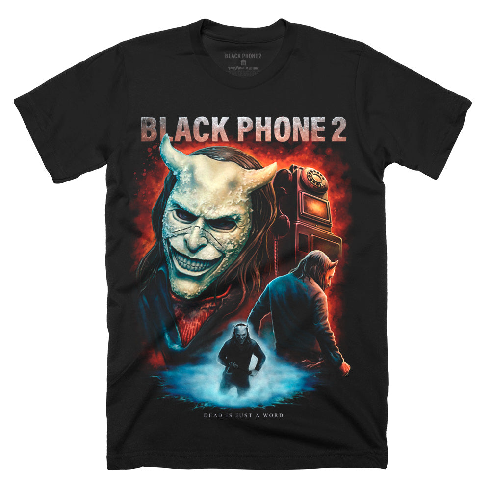 Black Phone 2 You Have Been Warned T-Shirt on a black Classic Terror Threads Tee featuring The Grabber, a black phone and fiery red artwork