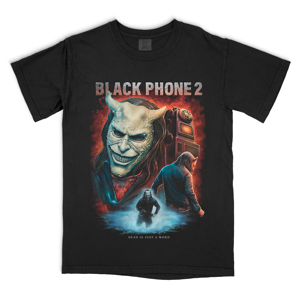 Black Phone 2 You Have Been Warned T-Shirt on a black Comfort Colors Tee featuring The Grabber, a black phone and fiery red artwork