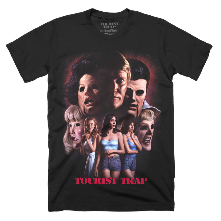 Tourist Trap You’ll Never See Again T-Shirt on a black Classic Terror Threads Tee featuring Mr. Slausen, masked mannequins and the film’s victims in a dark horror collage