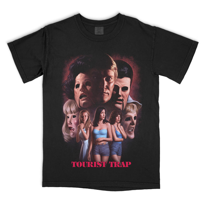 Tourist Trap You’ll Never See Again T-Shirt on a black Comfort Colors Tee featuring Mr. Slausen, masked mannequins and the film’s victims in a dark horror collage