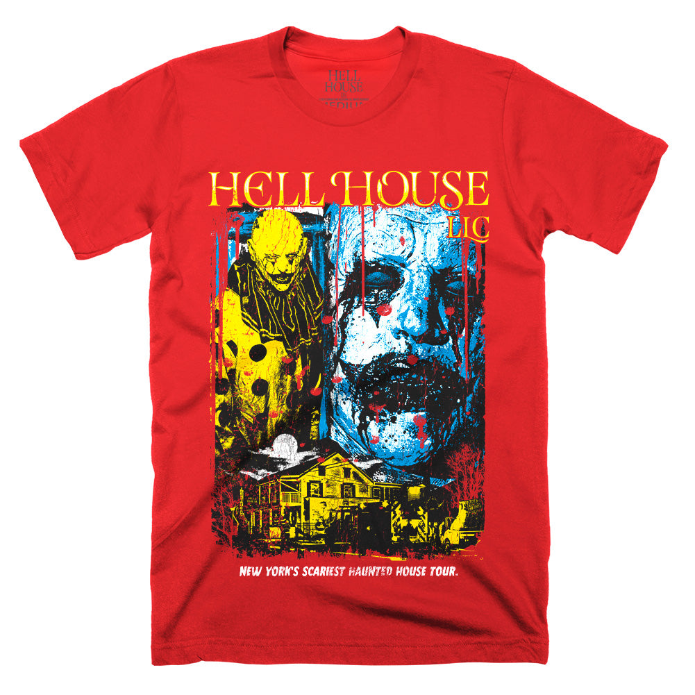 Hell House LLC Your Final Tour clown graphic on a red Classic Terror Threads T-shirt