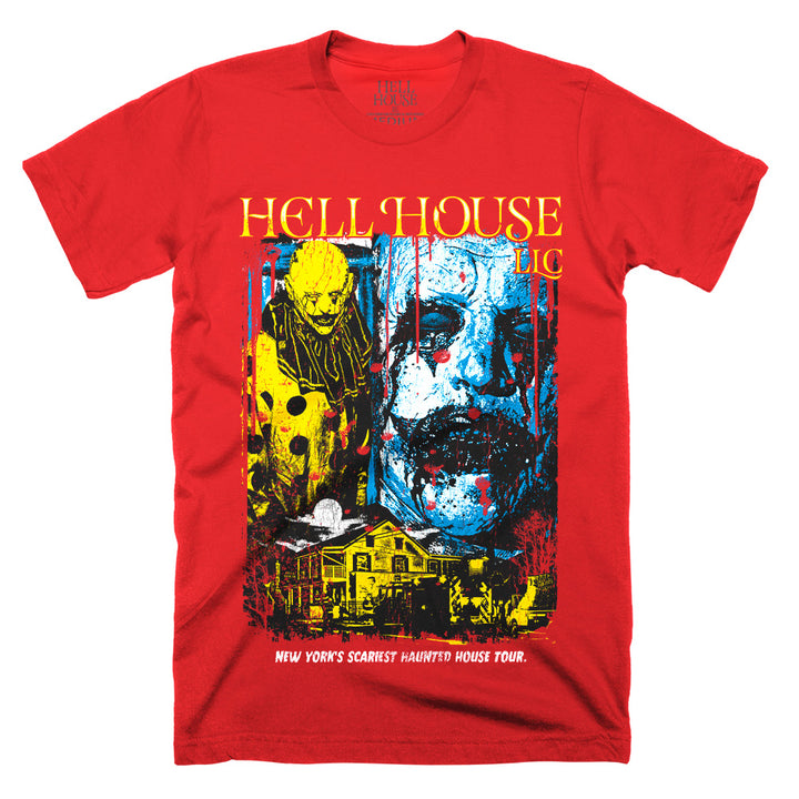 Hell House LLC Your Final Tour clown graphic on a red Classic Terror Threads T-shirt