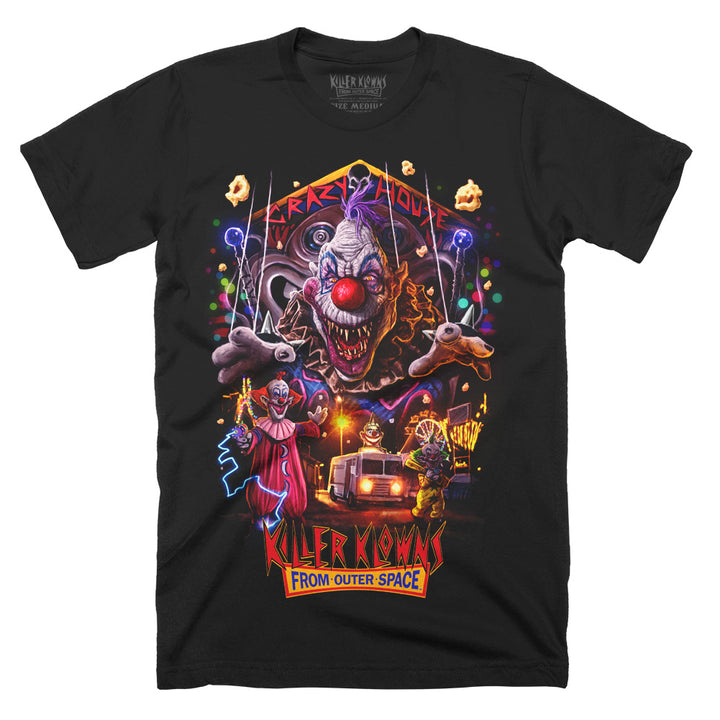 Officially licensed Killer Klowns From Outer Space Crazy House T-Shirt design featuring giant evil Klown artwork with neon carnival scene on black Terror Threads classic tee