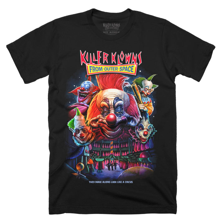 Officially licensed Killer Klowns From Outer Space Join The Circus black t-shirt featuring colorful artwork of the Killer Klowns surrounding a sinister alien circus with the iconic movie logo.