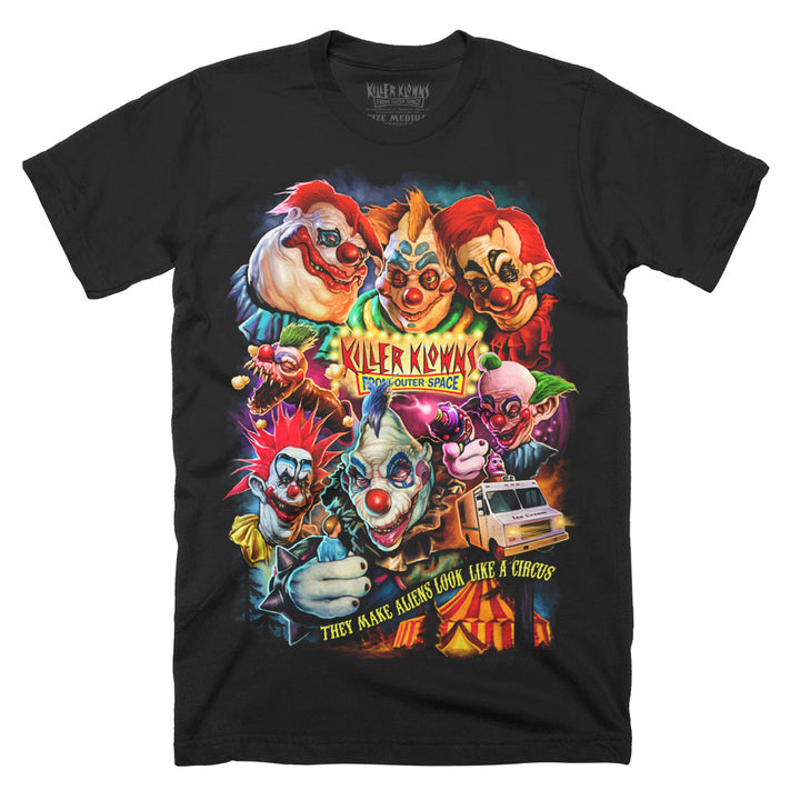 Officially licensed Killer Klowns From Outer Space Greatest Show In The Galaxy artwork featuring multiple Killer Klowns and circus horror imagery on black Classic Terror Threads Tee