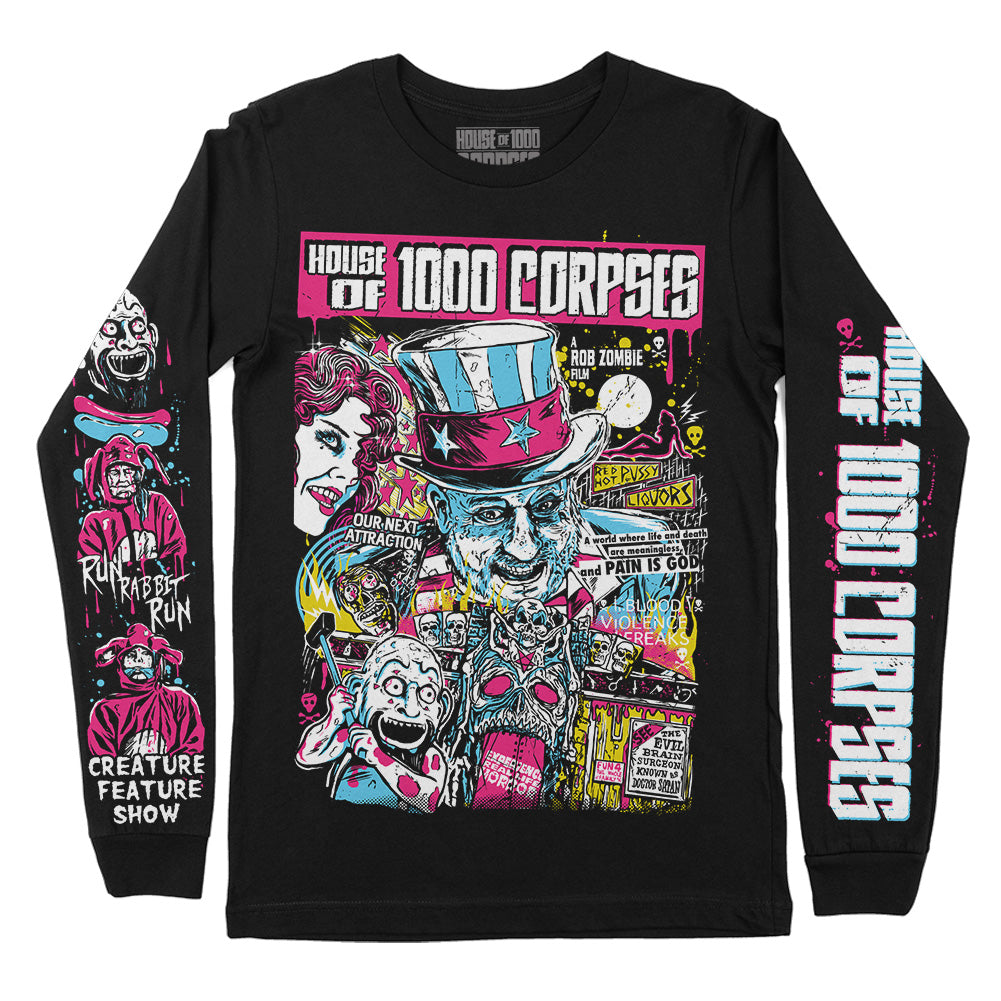 Officially licensed House of 1000 Corpses Our Next Attraction black long sleeve T-shirt featuring Captain Spaulding, Baby, Otis and colorful horror graphics on the front and sleeves.