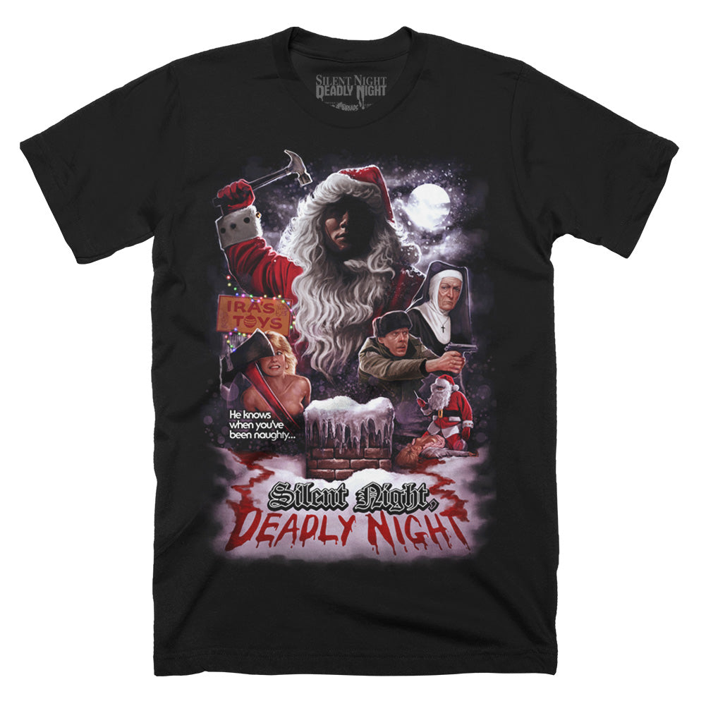 Officially Licensed Silent Night Deadly Night He Knows When You've Been Naughty T-Shirt