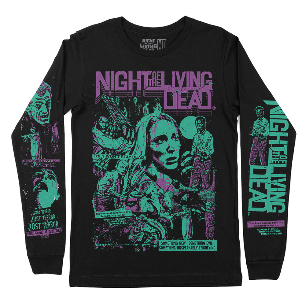 Officially licensed Night of the Living Dead Unspeakably Terrifying black long sleeve T-shirt featuring distressed purple and green film imagery on the front and sleeves.